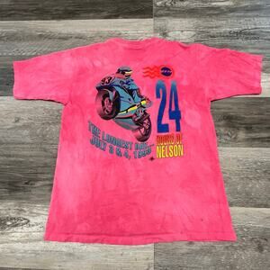Vintage 90s 1993 24 Hours of Nelson Pink Tie Dye Men L Motorcycle Racing T-Shirt
